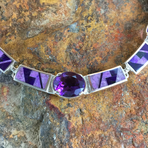David Rosales Plum Crazy Fancy Inlaid Sterling Silver Necklace w/ Amethyst