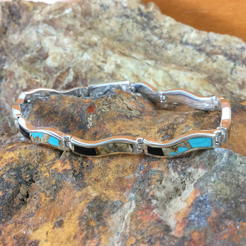 David Rosales Turquoise Creek Fancy Inlaid Sterling Silver Wavy Link Bracelet