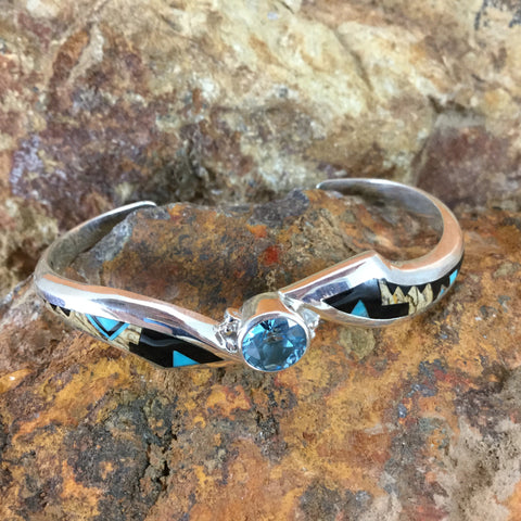 David Rosales Turquoise Creek Fancy Inlaid Sterling Silver Bracelet w/ Blue Topaz