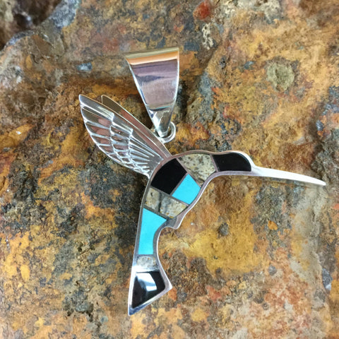 David Rosales Turquoise Creek Inlaid Sterling Silver Pendant Humingbird