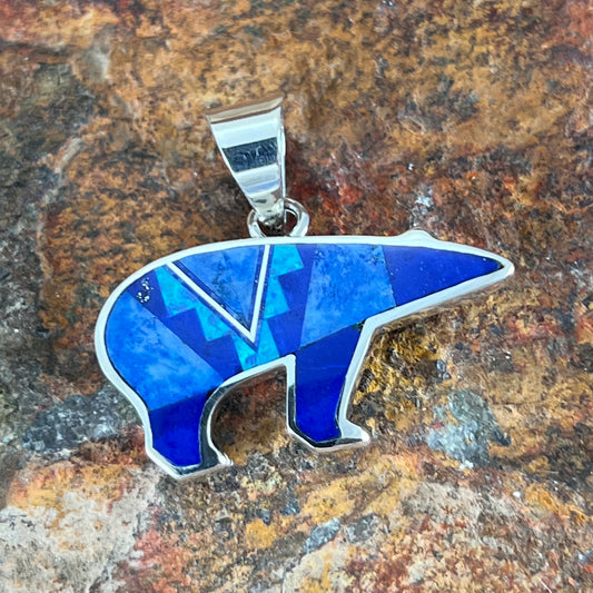 David Rosales Blue Sky Fancy Inlaid Sterling Silver Pendant Bear