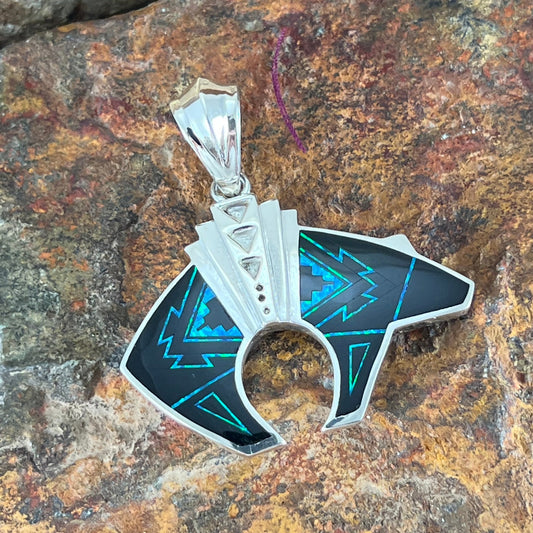 David Rosales Black Beauty Inlaid Sterling Silver Pendant Bear