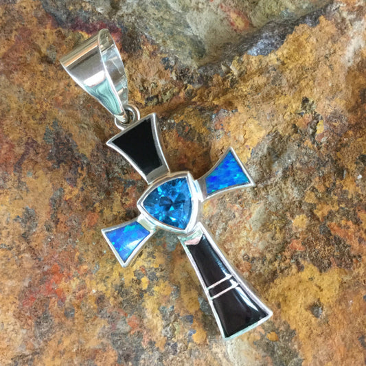 David Rosales Black Beauty Inlaid Sterling Silver Pendant Cross