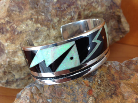 Inlaid Sterling Silver Black Jade and Opal Cuff Bracelet