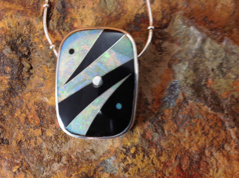 Inlaid Sterling Silver Black Jade and Opal Pendant
