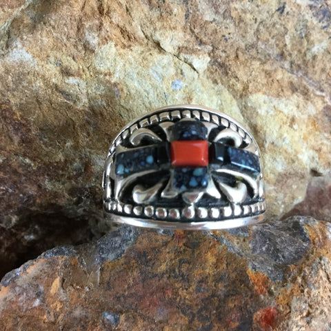 David Rosales Landers & Coral Inlaid Sterling Silver Ring