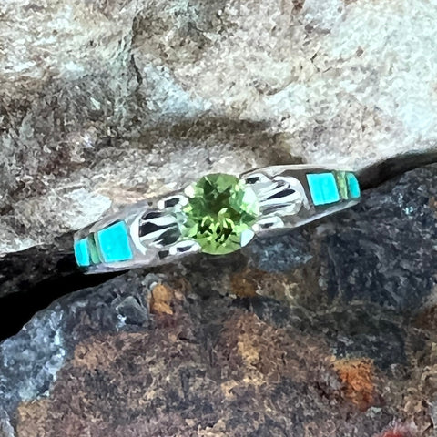 David Rosales Sonoran Gold Turquoise Inlaid Sterling Silver Ring w/ Peridot