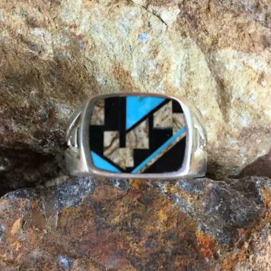 David Rosales Turquoise Creek Fancy Inlaid Sterling Silver Ring
