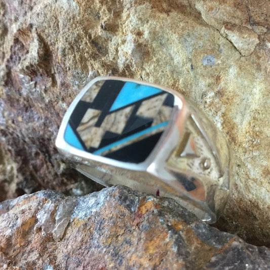 David Rosales Turquoise Creek Fancy Inlaid Sterling Silver Ring