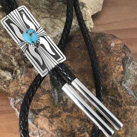 Burnham Turquoise Sterling Silver Leather Bolo Tie by Leonard Nez