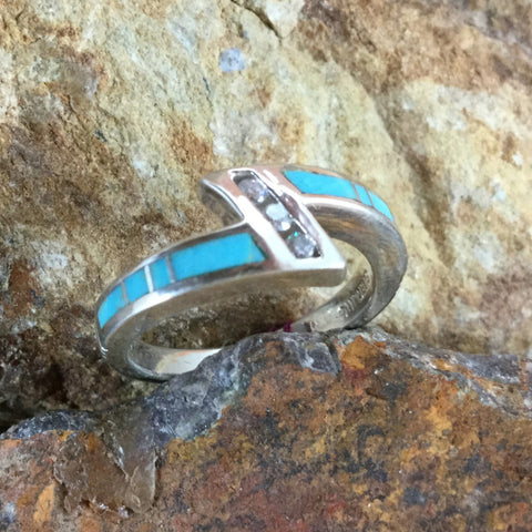 David Rosales Arizona Blue Inlaid Sterling Silver Ring w Cubic Zirconia