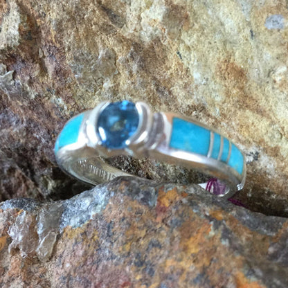 David Rosales Arizona Blue Inlaid Sterling Silver Ring w Blue Topaz