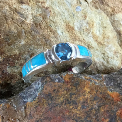 David Rosales Arizona Blue Inlaid Sterling Silver Ring w Blue Topaz