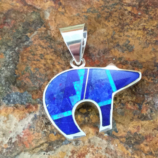 David Rosales Blue Sky Fancy Inlaid Sterling Silver Pendant Bear