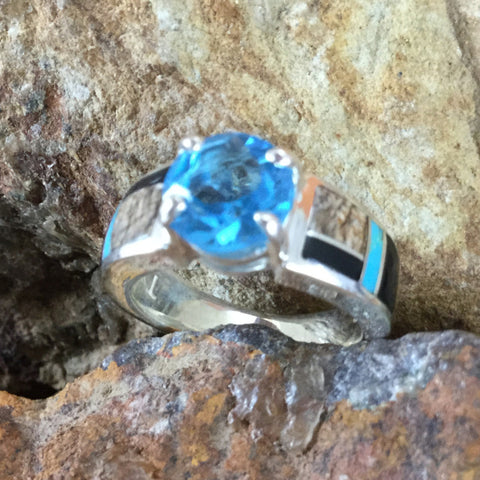 David Rosales Turquoise Creek Inlaid Sterling Silver Ring w Blue Topaz
