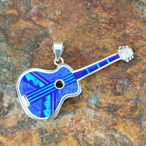 David Rosales Blue Sky Fancy Inlaid Sterling Silver Pendant Guitar