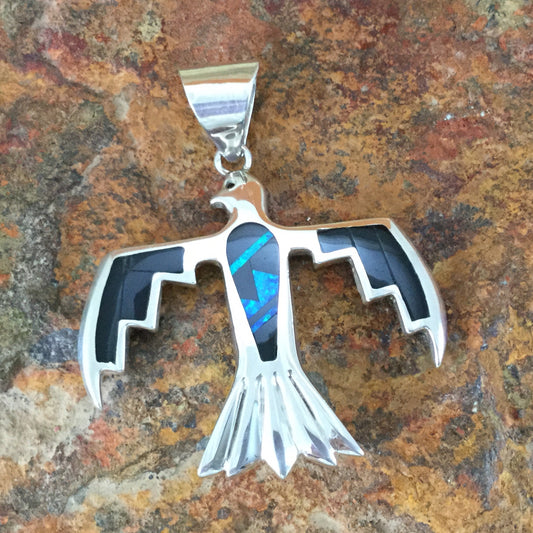 David Rosales Black Beauty Fancy Inlaid Sterling Silver Pendant Eagle