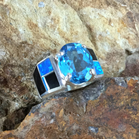 David Rosales Black Beauty Inlaid Sterling Silver Ring w/ Blue Topaz