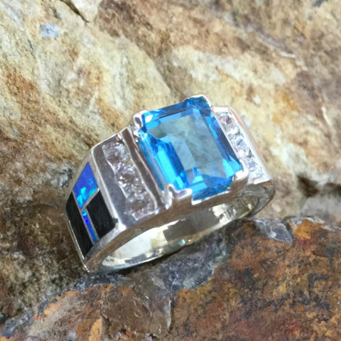 David Rosales Black Beauty Fancy Inlaid Sterling Silver Ring w/ Blue Topaz