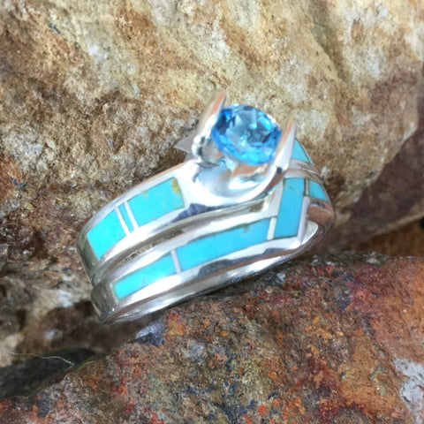 David Rosales Arizona Blue Inlaid Sterling Silver Ring Set w Blue Topaz