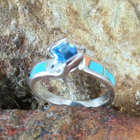 David Rosales Arizona Blue Inlaid Sterling Silver Ring Set w Blue Topaz