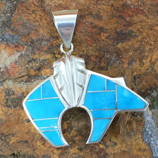David Rosales Arizona Blue Inlaid Sterling Silver Pendant Bear