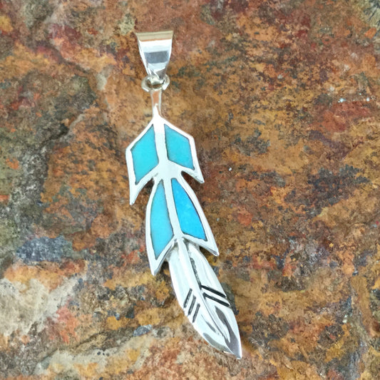 David Rosales Arizona Blue Inlaid Sterling Silver Pendant Feather