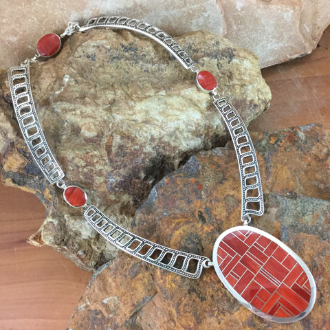 David Rosales Red Coral Inlaid Sterling Silver Necklace