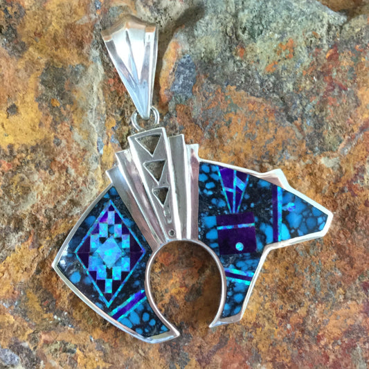 David Rosales Shalako Fancy Inlaid Sterling Silver Pendant Bear