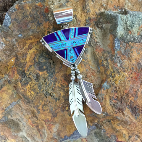 David Rosales Shalako Fancy Inlaid Sterling Silver Pendant Feather