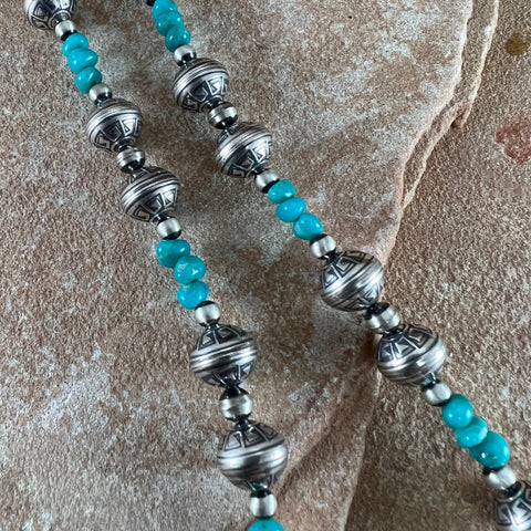 18" Single Strand Kingman Turquoise Sterling Silver Beaded Necklace