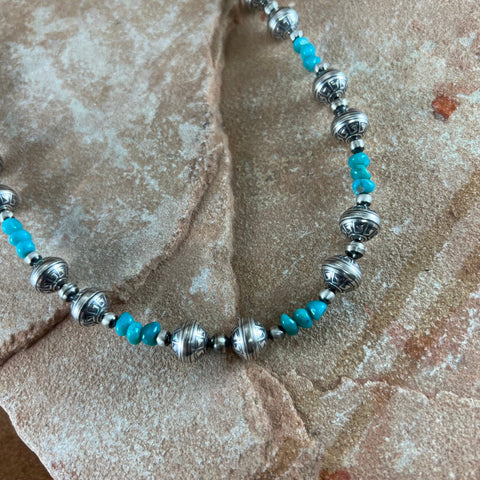 18" Single Strand Kingman Turquoise Sterling Silver Beaded Necklace