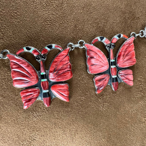 Vintage 26" Inlaid Orange Spiny Sterling Silver Necklace Butterfly by Kirk Smith - Estate Jewelry