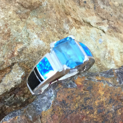 David Rosales Black Beauty Fancy Inlaid Sterling Silver Ring w/ Blue Topaz
