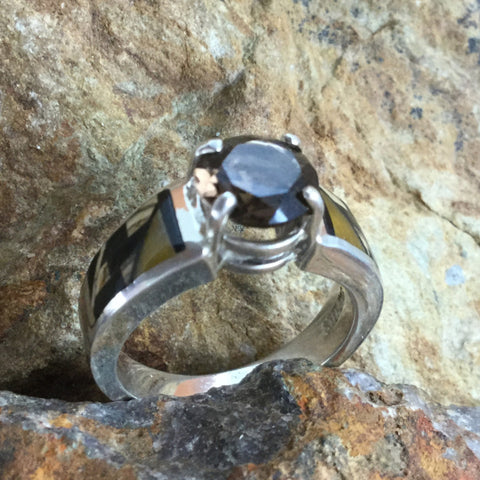 David Rosales Native Earth Fancy Inlaid Sterling Silver Ring w/ Smokey Topaz