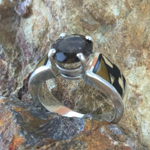 David Rosales Native Earth Fancy Inlaid Sterling Silver Ring w/ Smokey Topaz