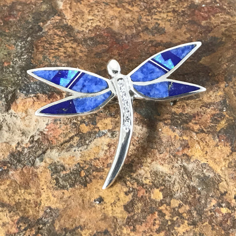 David Rosales Blue Sky Inlaid Sterling Silver Pendant/Pin Dragon Fly w/ CZ