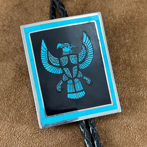 Vintage Etched Turquoise Sterling Silver Bolo Tie Thunderbird by Harlan Coonsis - Estate Jewelry