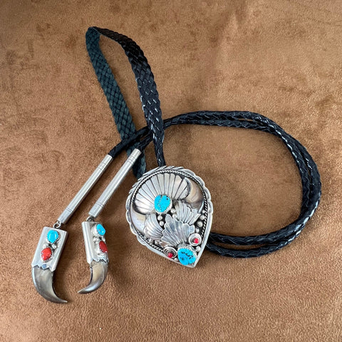 Vintage Navajo Sterling Silver Turquoise Coral Bear Claw Bolo Tie by Tom Kidd - Estate Jewelry