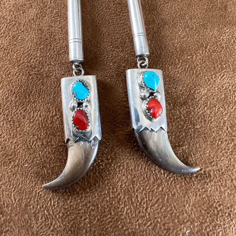 Vintage Navajo Sterling Silver Turquoise Coral Bear Claw Bolo Tie by Tom Kidd - Estate Jewelry