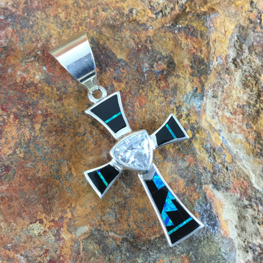 David Rosales Black Beauty Inlaid Sterling Silver Pendant Cross