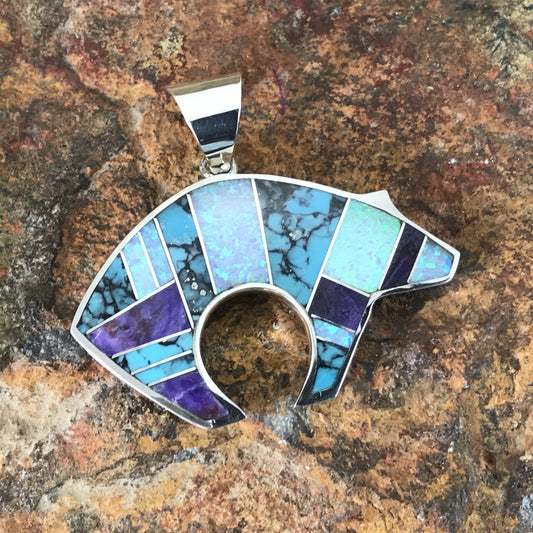 David Rosales Shalako Inlaid Sterling Silver Pendant Bear
