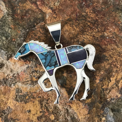 David Rosales Shalako Inlaid Sterling Silver Pendant Horse