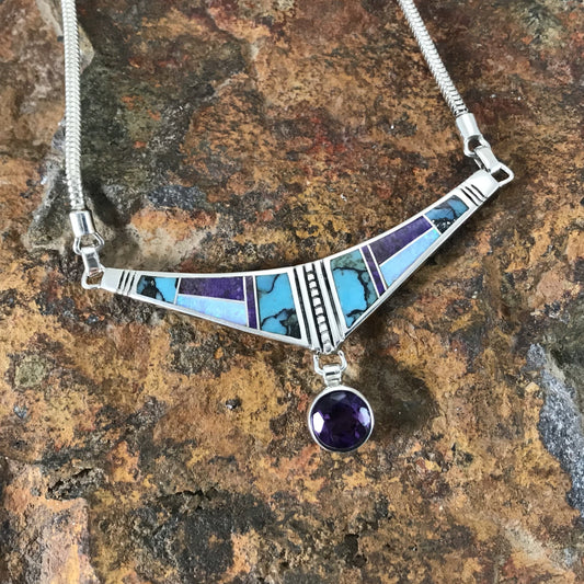 David Rosales Shalako Inlaid Sterling Silver Necklace w Amethyst