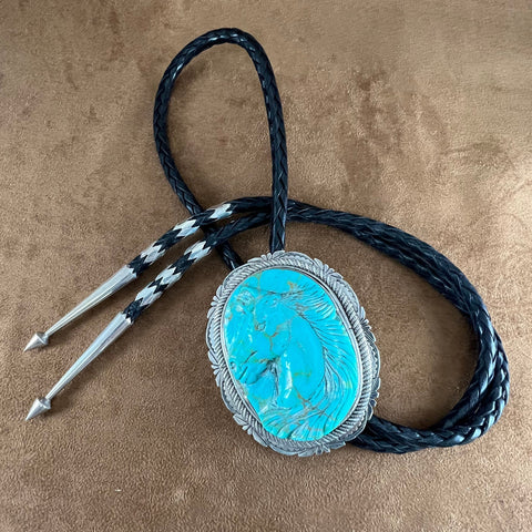 Vintage Carved Turquoise Sterling Silver Bolo Tie Horse by Fernando Gomez - Estate Jewelry