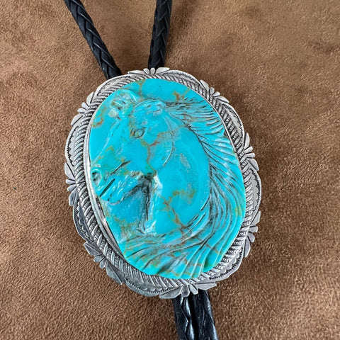 Vintage Carved Turquoise Sterling Silver Bolo Tie Horse by Fernando Gomez - Estate Jewelry