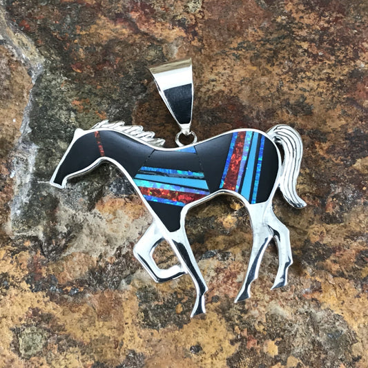 David Rosales Red Moon Inlaid Sterling Silver Pendant Horse