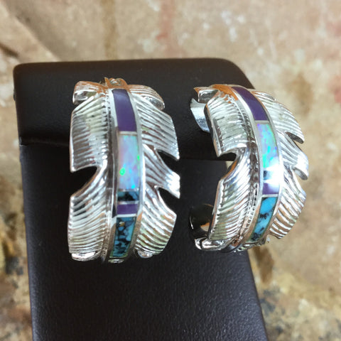 David Rosales Shalako Inlaid Sterling Silver Earrings Feather
