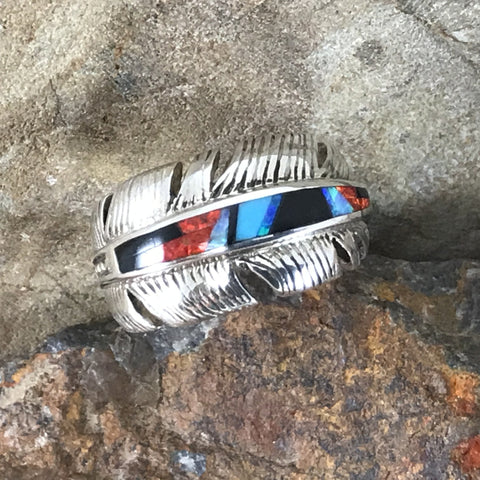 David Rosales Red Moon Inlaid Sterling Silver Ring Feather