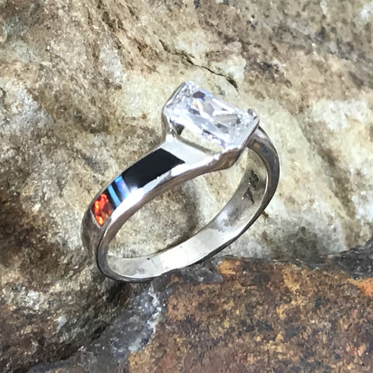 David Rosales Red Moon Inlaid Sterling Silver Ring w/ CZ